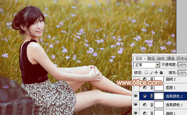 Photoshop为草地上的美女图片增加柔和的淡调橙褐色