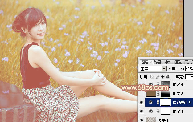 Photoshop为草地上的美女图片增加柔和的淡调橙褐色