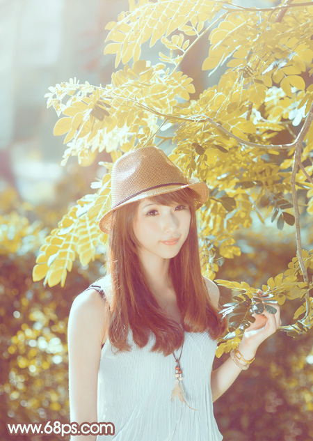 Photoshop将绿树边的美女调制出甜美的小清新淡褐色