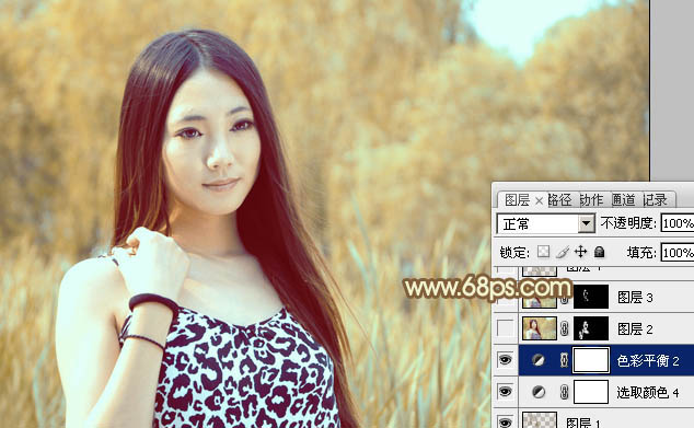 Photoshop为绿树边的美女调制出韩系暖褐色