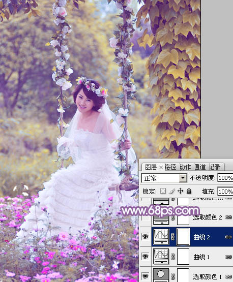 Photoshop将荡秋千的新娘图片增加唯美的淡调蓝黄色