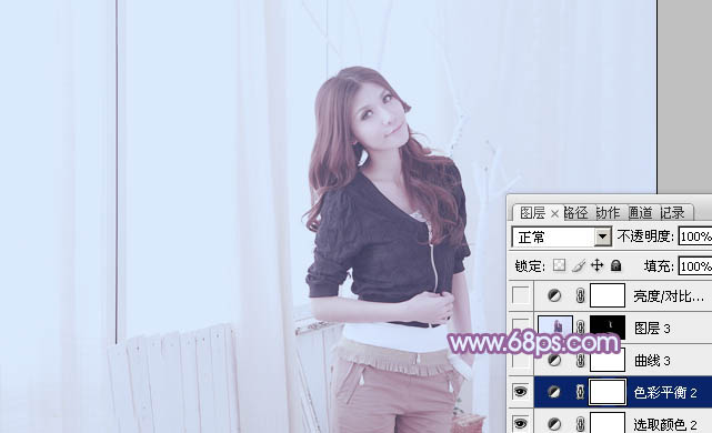 Photoshop为室内美女调制出柔和的韩系淡紫色