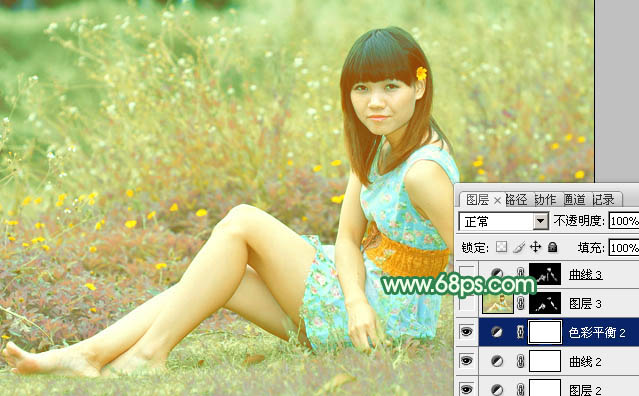 Photoshop为野草中的人物调制出柔和的小清新黄绿色