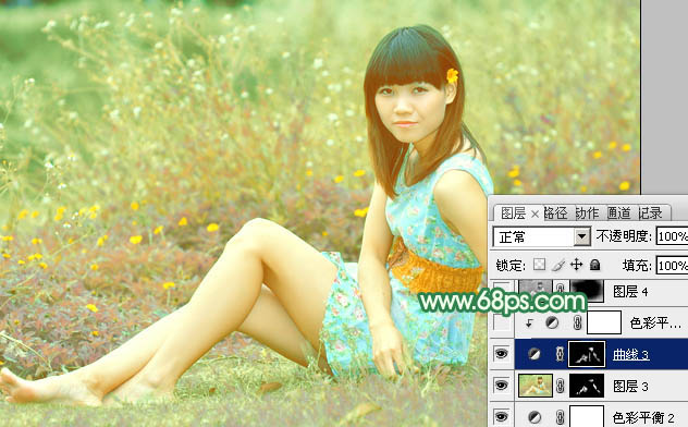 Photoshop为野草中的人物调制出柔和的小清新黄绿色