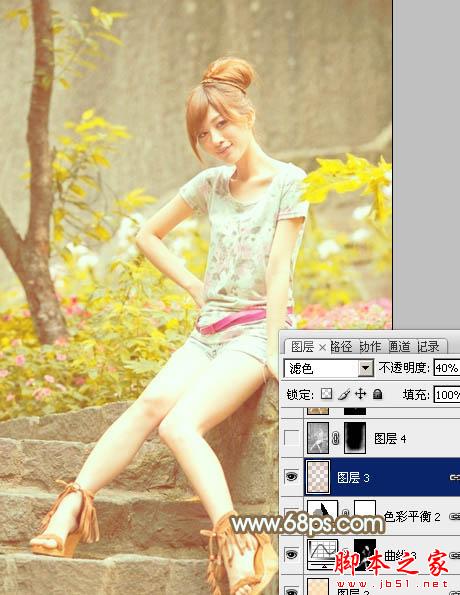 Photoshop将花草边的美女调制出柔和的黄褐色