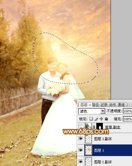 Photoshop为泛白的顺林婚片增加柔美的霞光效果教程