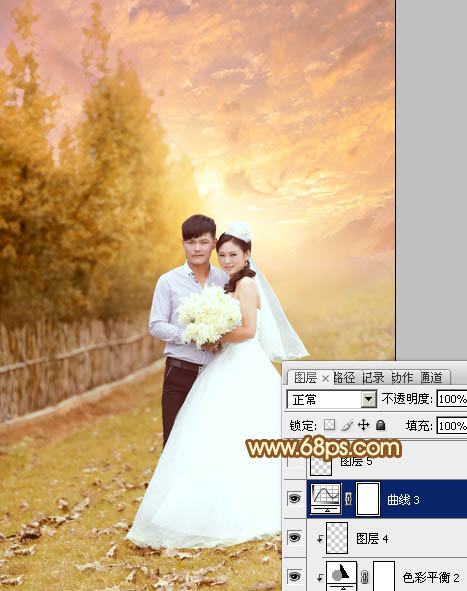 Photoshop为泛白的顺林婚片增加柔美的霞光效果教程