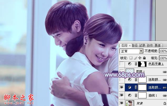 Photoshop将室内情侣图片调制出流行的韩系淡蓝色