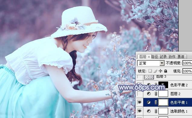 Photoshop将花草中的美女增加上冷艳的淡调青蓝色
