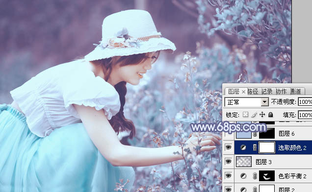Photoshop将花草中的美女增加上冷艳的淡调青蓝色