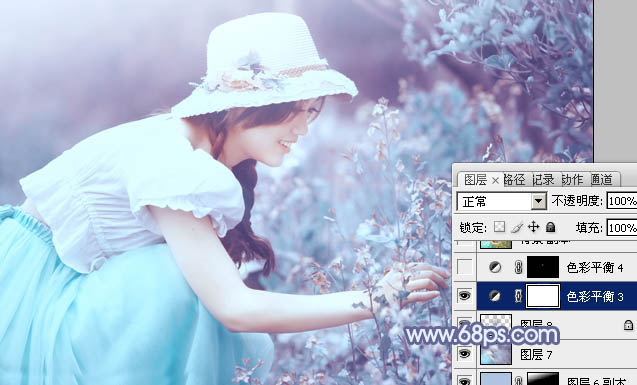 Photoshop将花草中的美女增加上冷艳的淡调青蓝色