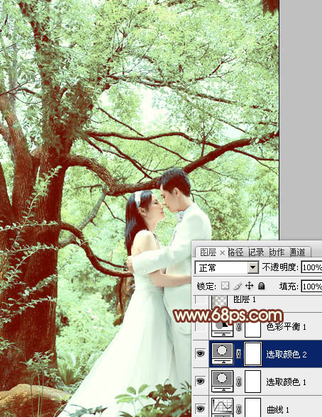 Photoshop将树林婚片调制出柔和的淡绿色