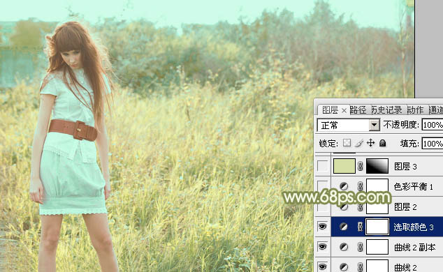 Photoshop将草地人物图片增加淡美清新的青黄色