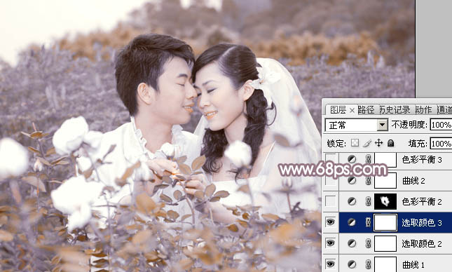 Photoshop为玫瑰园婚照调制出蓝紫中性色