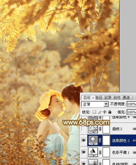 Photoshop将树林情侣图片增加上柔和秋季粉黄色