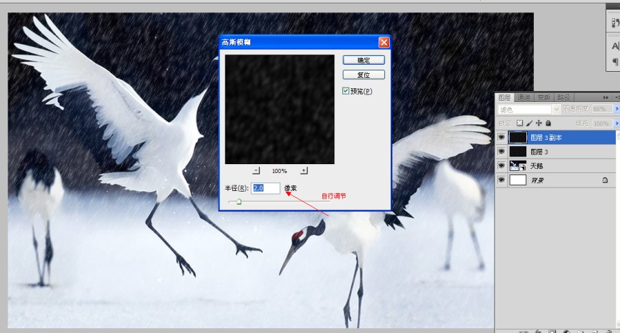 Photoshop设计制作逼真的雨中快乐的仙鹤图场景