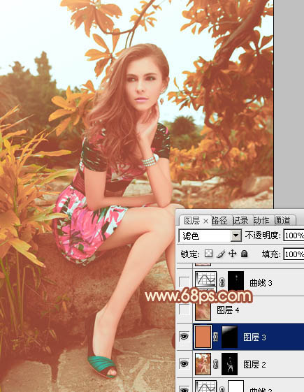 Photoshop将树林中的美女图片增加上秋季柔美的橙红色效果