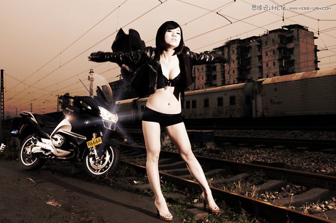 Photoshop将铁路边美女打造出中性色教程