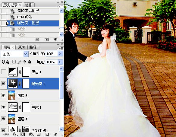 Photoshop将街景婚片增加上金黄色效果教程