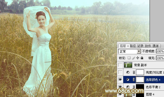Photoshop将芦苇中的美女图片增加流行的青黄色效果