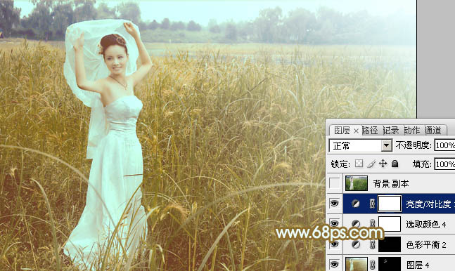Photoshop将芦苇中的美女图片增加流行的青黄色效果