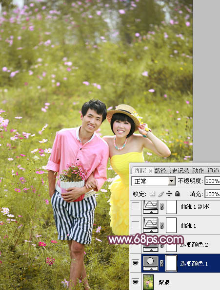 Photoshop为草地情侣调制出朦胧的粉紫色