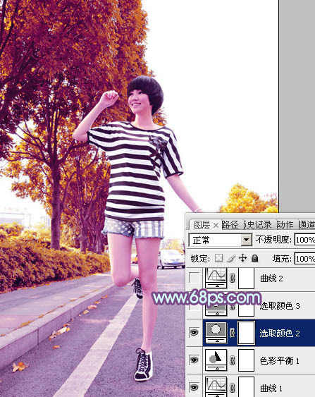 Photoshop将公路上的美女调制出清爽的紫绿色效果