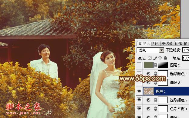 Photoshop中为树林婚片加上柔美的暗橙色效果教程