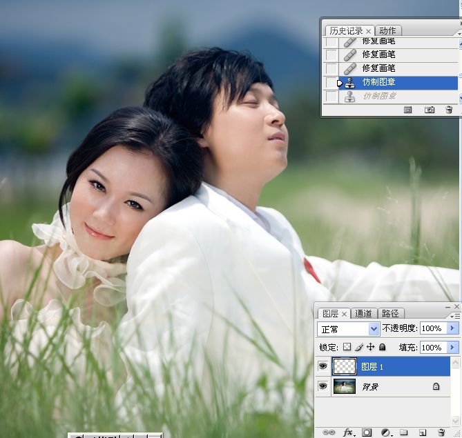 Photoshop将草丛中的婚片打造出浪漫的暗调蓝紫色效果