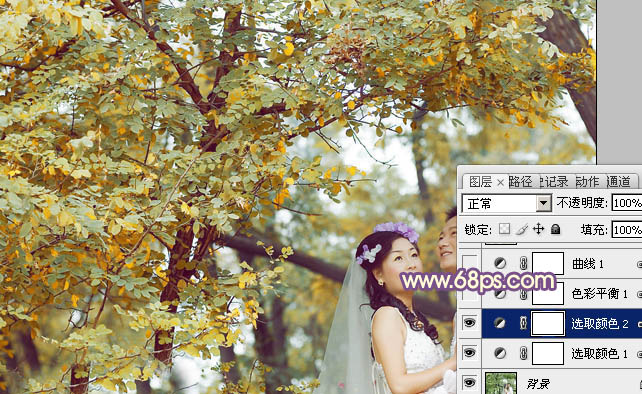 Photoshop为树林婚片调制出浓郁的秋季色