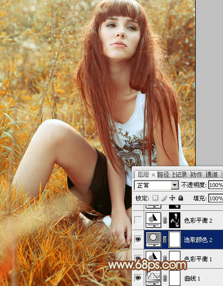 Photoshop将坐草地的美女增加上秋季橙色调