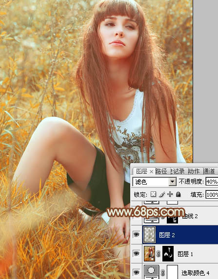 Photoshop将坐草地的美女增加上秋季橙色调