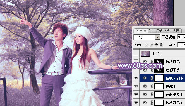 Photoshop为公园婚片调制出柔美的淡调黄紫色效果