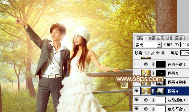 Photoshop将树林婚片增加柔美的秋季逆光效果