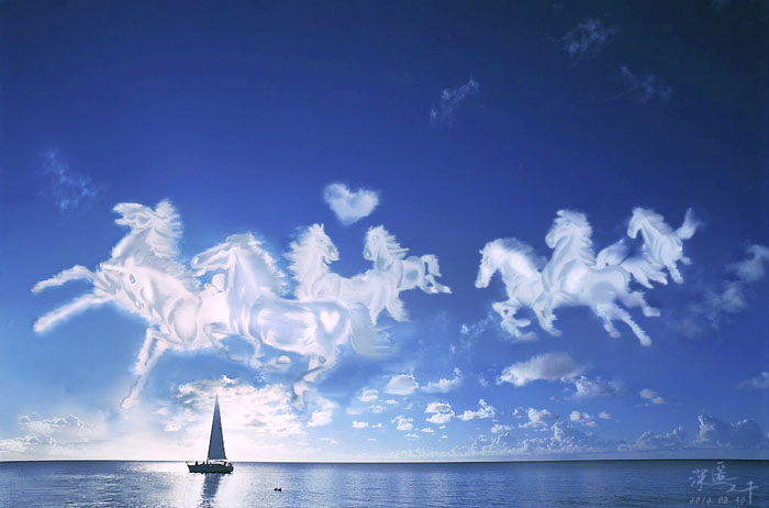 photoshop将骏马图合成制作出在天空中奔跑的白马