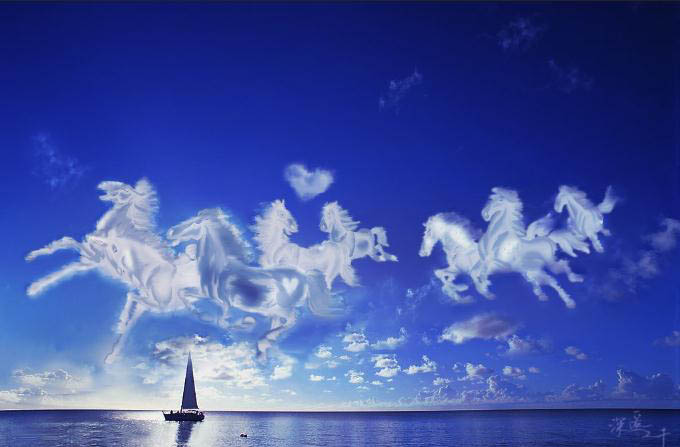 photoshop将骏马图合成制作出在天空中奔跑的白马