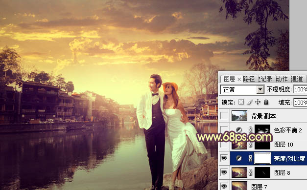 Photoshop将古镇婚片调制出漂亮的霞光色效果
