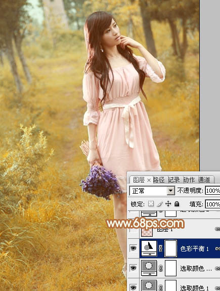 Photoshop为树林美女图片调制出柔和的淡黄早秋色