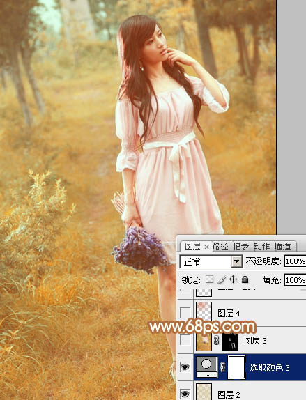 Photoshop为树林美女图片调制出柔和的淡黄早秋色