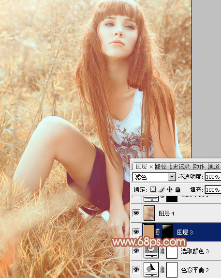 Photoshop为草地美女图片调制出唯美的淡调橙黄色效果