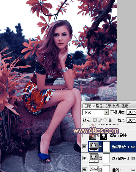 photoshop利用通道替换为树林美女图片加上古典红蓝色