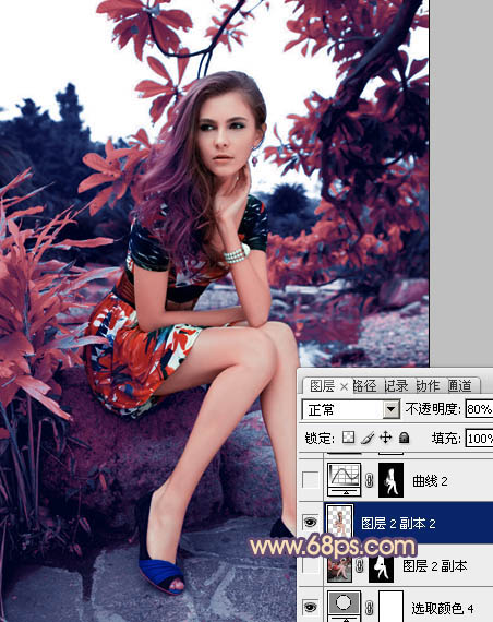 photoshop利用通道替换为树林美女图片加上古典红蓝色