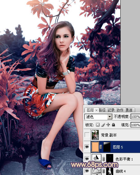 photoshop利用通道替换为树林美女图片加上古典红蓝色