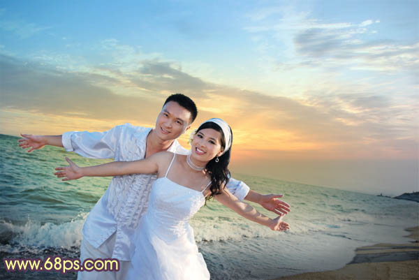 Photosho将海景婚片调制出柔美的晨曦暖色效果