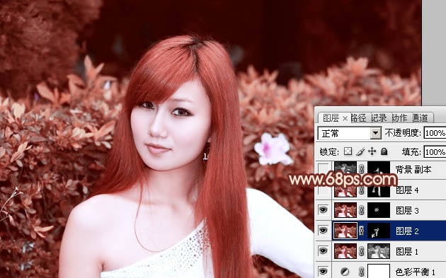 Photoshop将绿植边的美女图片调制出纯美的橙红色效果