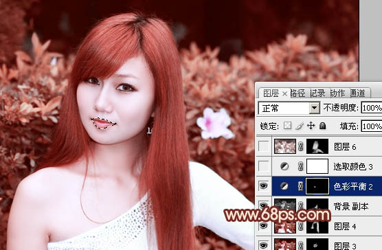 Photoshop将绿植边的美女图片调制出纯美的橙红色效果