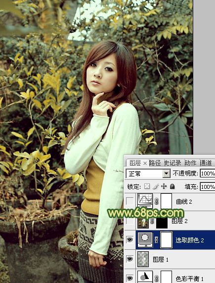 Photoshop将树木边的美女图片调制出纯美的秋季黄绿色效果