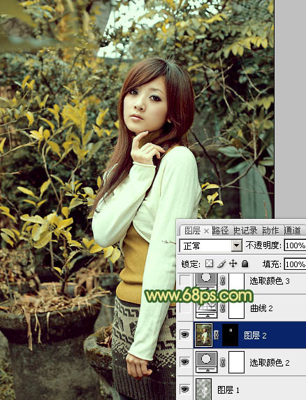 Photoshop将树木边的美女图片调制出纯美的秋季黄绿色效果