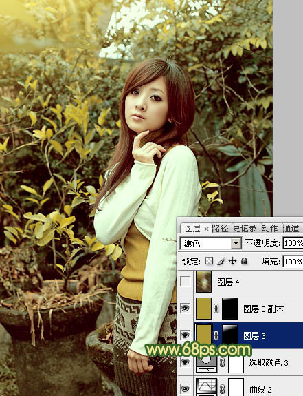 Photoshop将树木边的美女图片调制出纯美的秋季黄绿色效果
