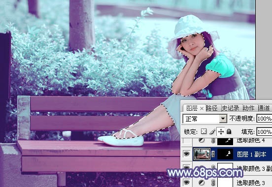 Photoshop将公园美女图片调制出梦幻唯美的淡调青紫色
